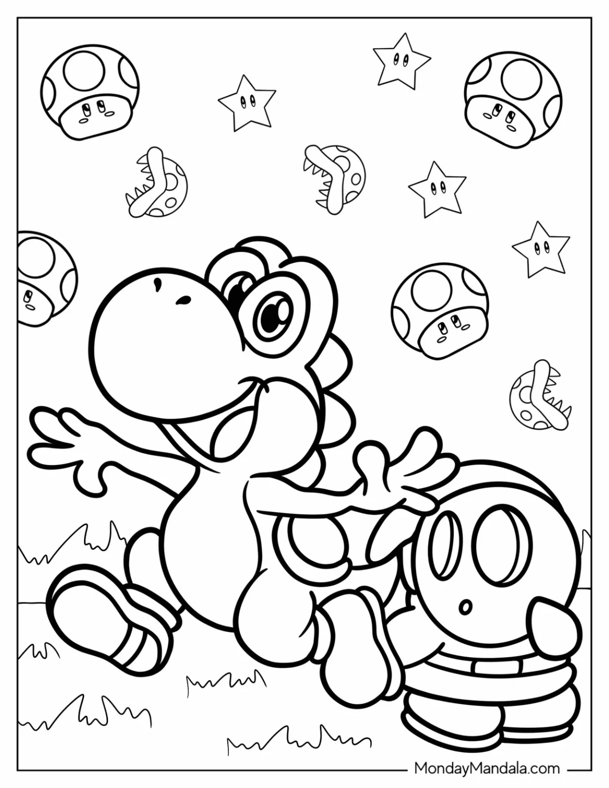 Yoshi And Shy Guy Coloring Page With Toads In The Background coloring page — printable line art