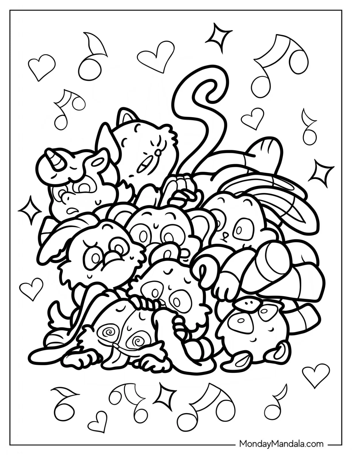 Kawaii Smiling Critters Coloring Page On Top Of Each Other coloring page