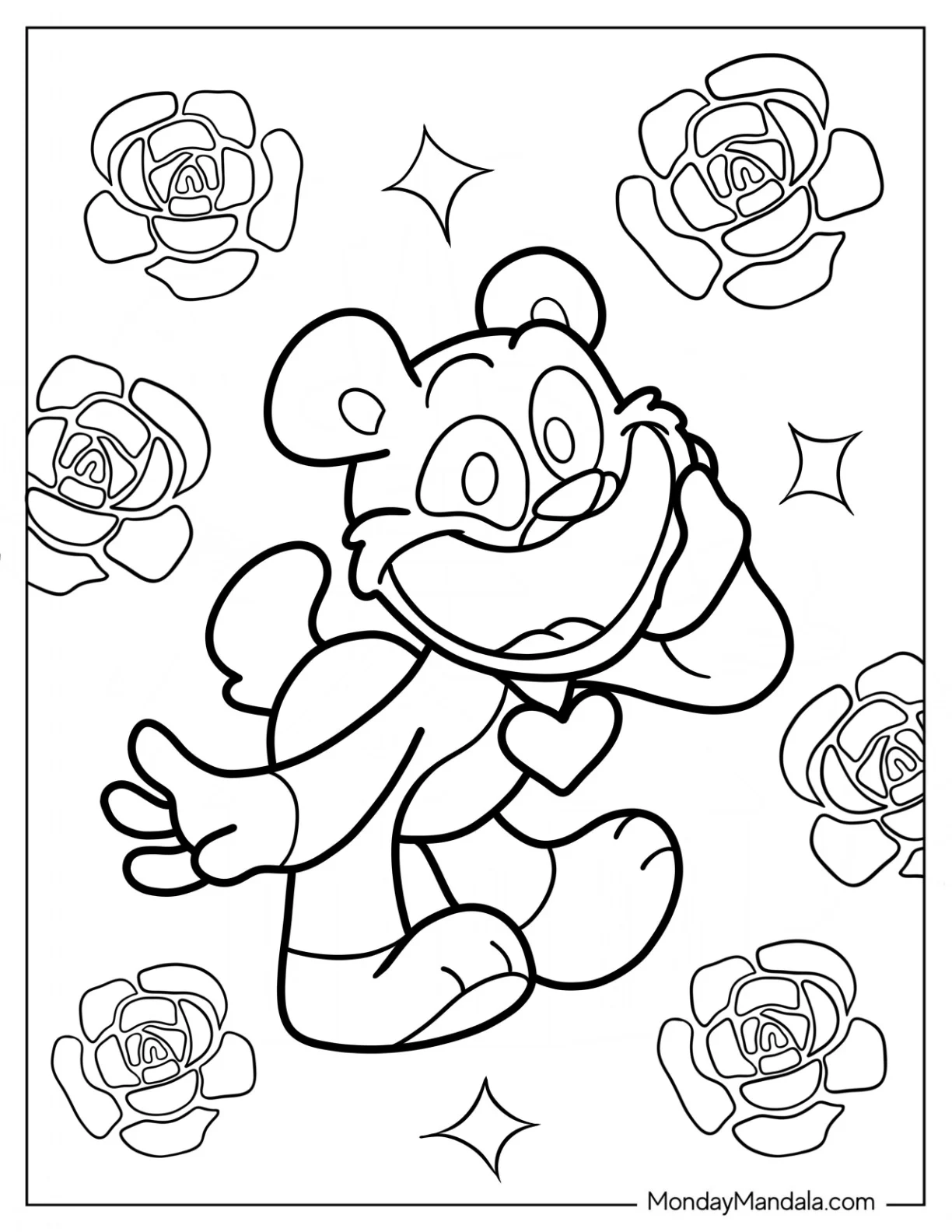 Smiling Critters Coloring Page BearHug With Rose Background coloring page