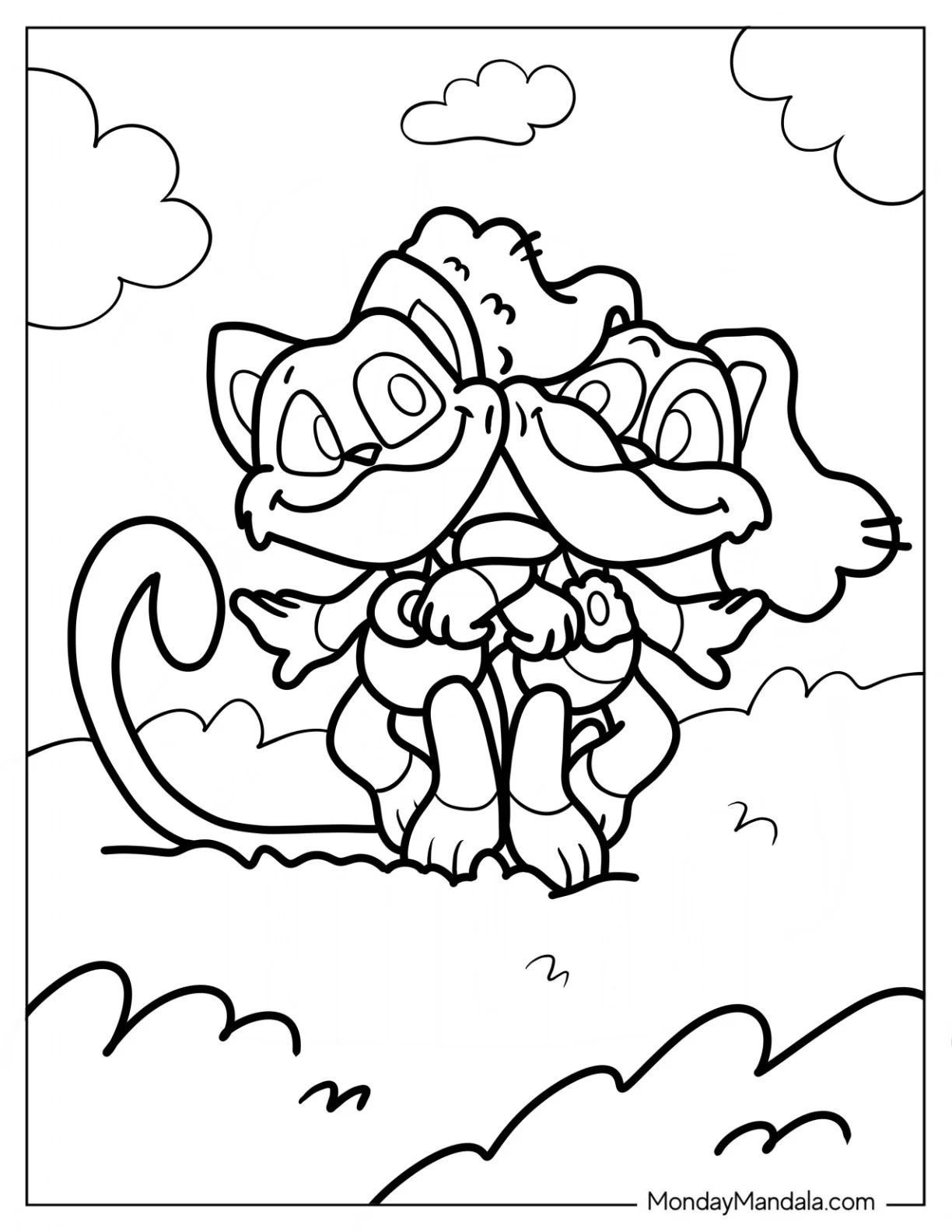 Smiling Critters Coloring Page Of CatNap And DogDay With Arms Hooked On A Field coloring page