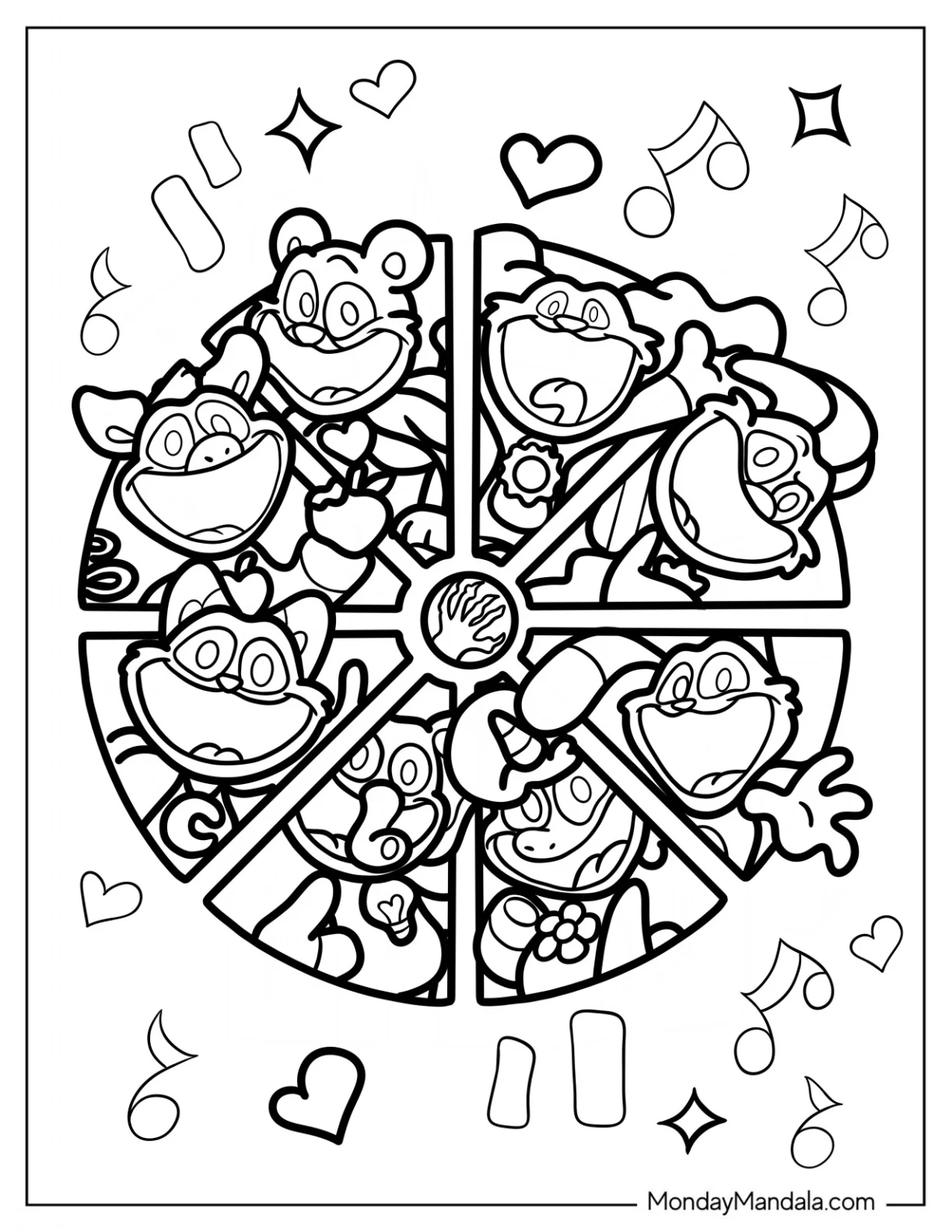 Smiling Critters Coloring Page Of CatNap, DogDay, Bobby BearHug, Bubba Bubbaphant, CraftyCorn, Hoppy Hopscotch, KickinChicken, And PickyPiggy coloring page