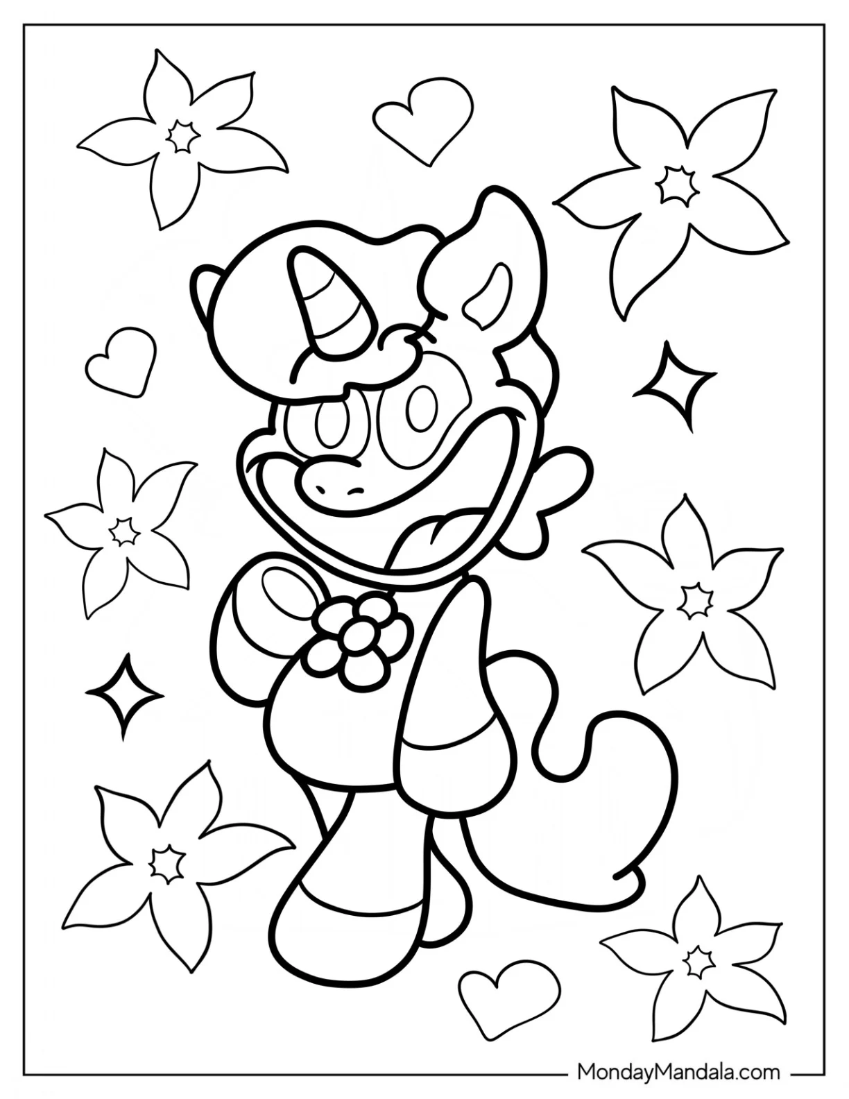 Smiling Critters Coloring Page Of CraftyCorn With Flowers For Kids coloring page
