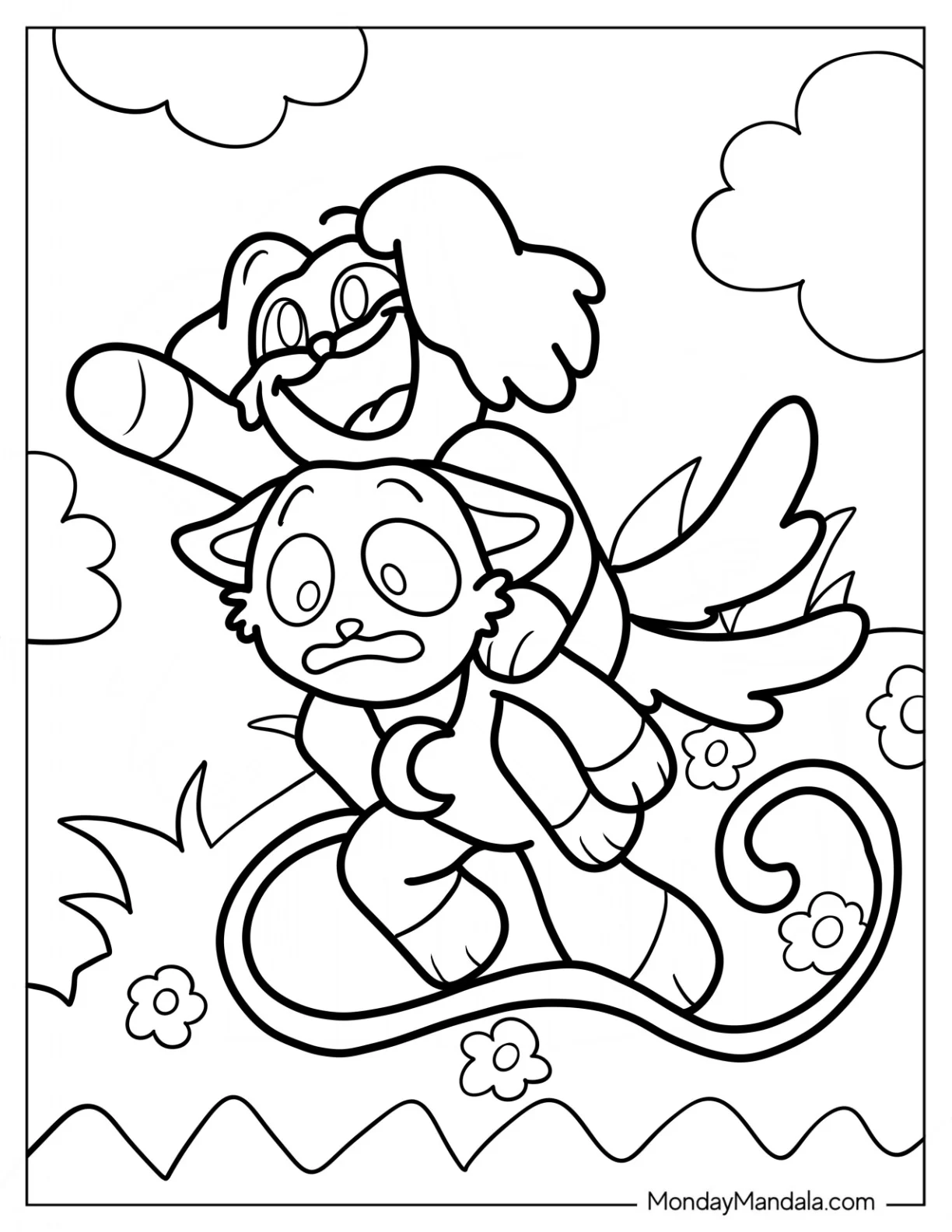 Smiling Critters Coloring Page Of DogDay Riding CatNap's Back coloring page