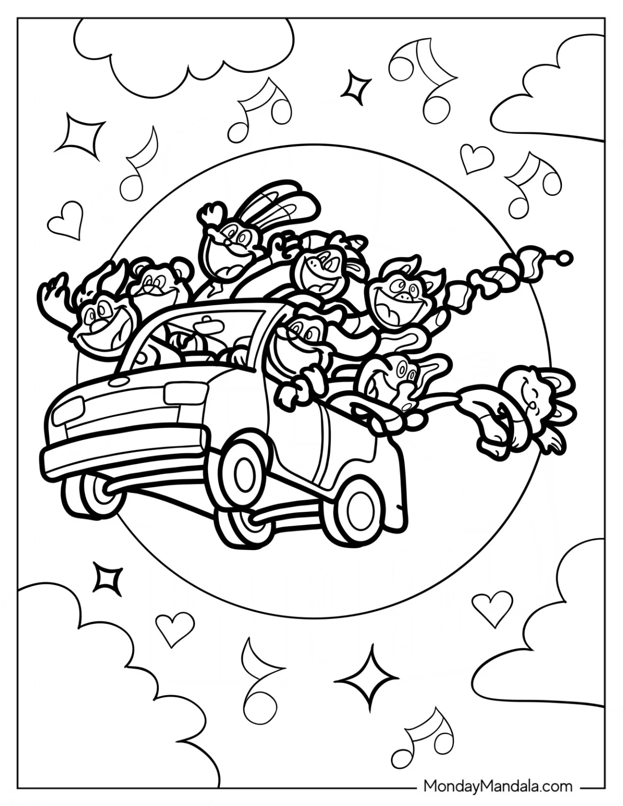 Smiling Critters Coloring Page On A Flying Car coloring page