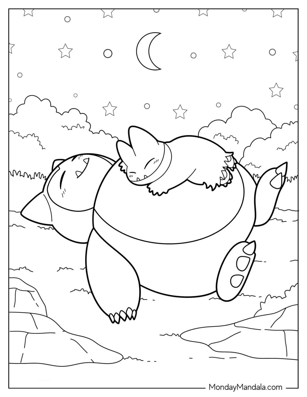 Detailed Munchlax And Snorlax Coloring Page Sleeping Under The Stars coloring page