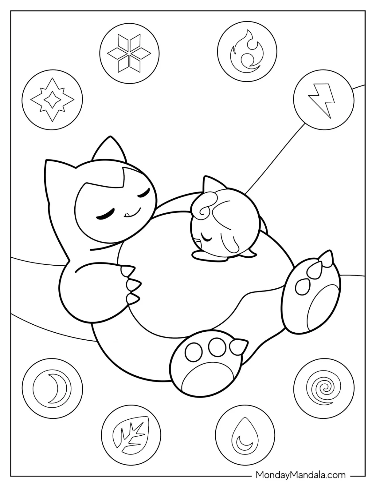 Jigglypuff Sleeping On Top Of Snorlax Coloring Page coloring page