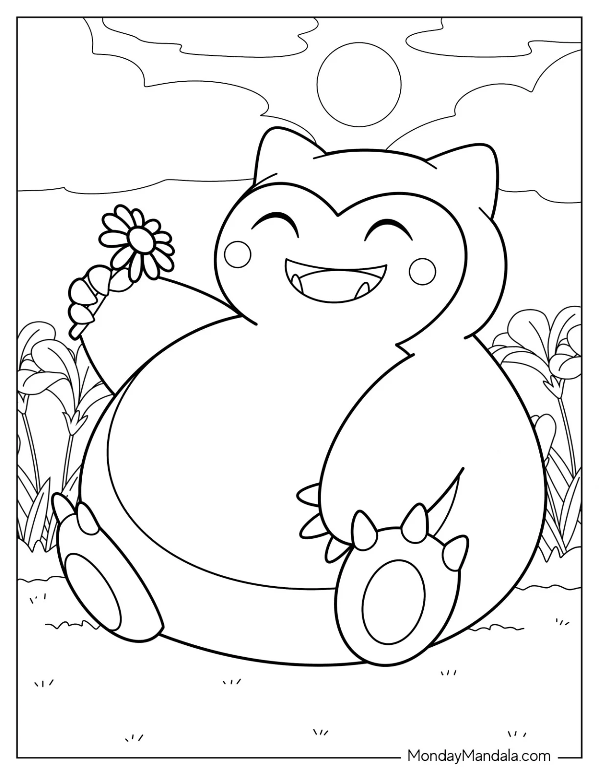 Kawaii Snorlax Coloring Page Holding Flower For Kids coloring page