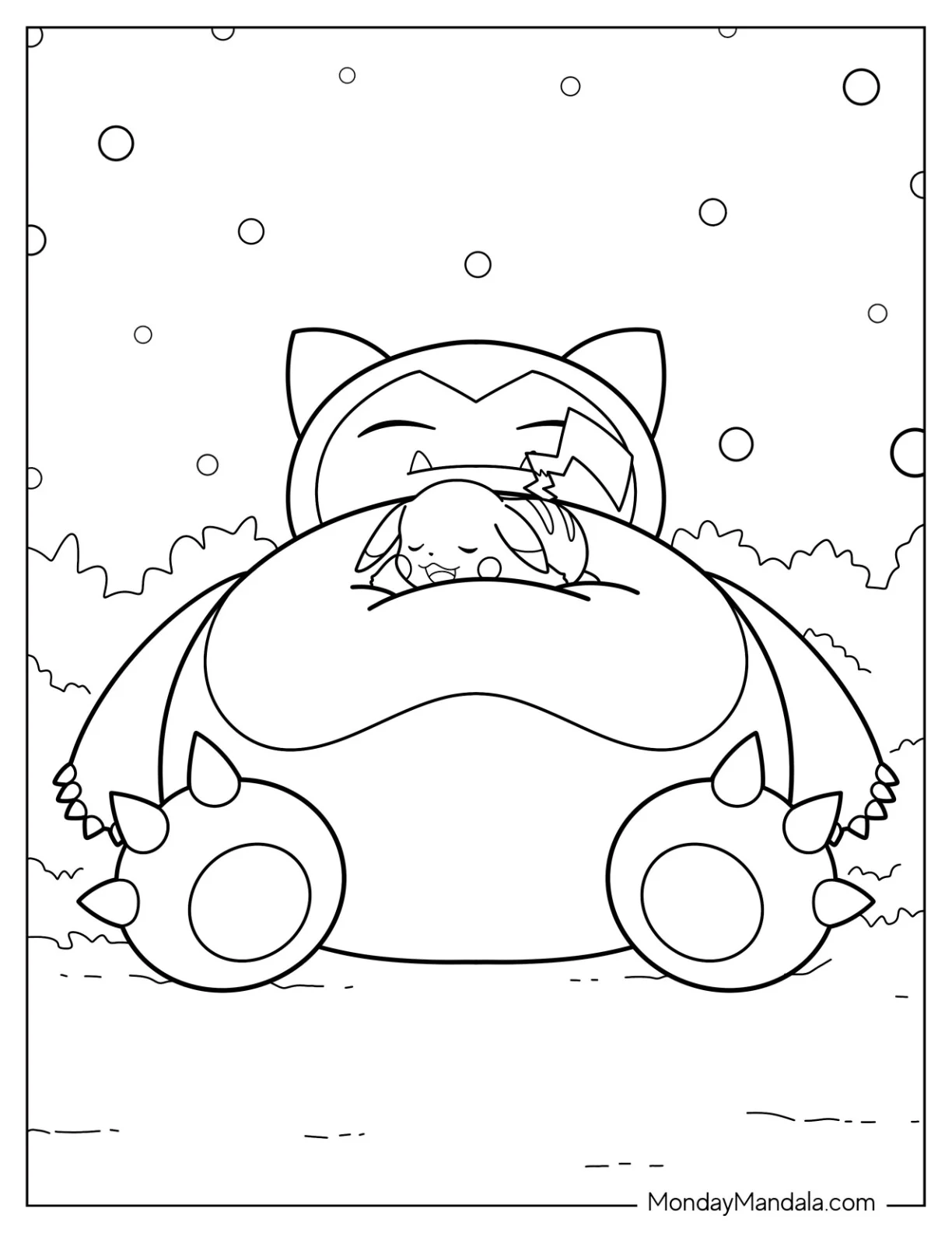Pikachu Sleeping On Top Of Snorlax Coloring Page In Winter coloring page