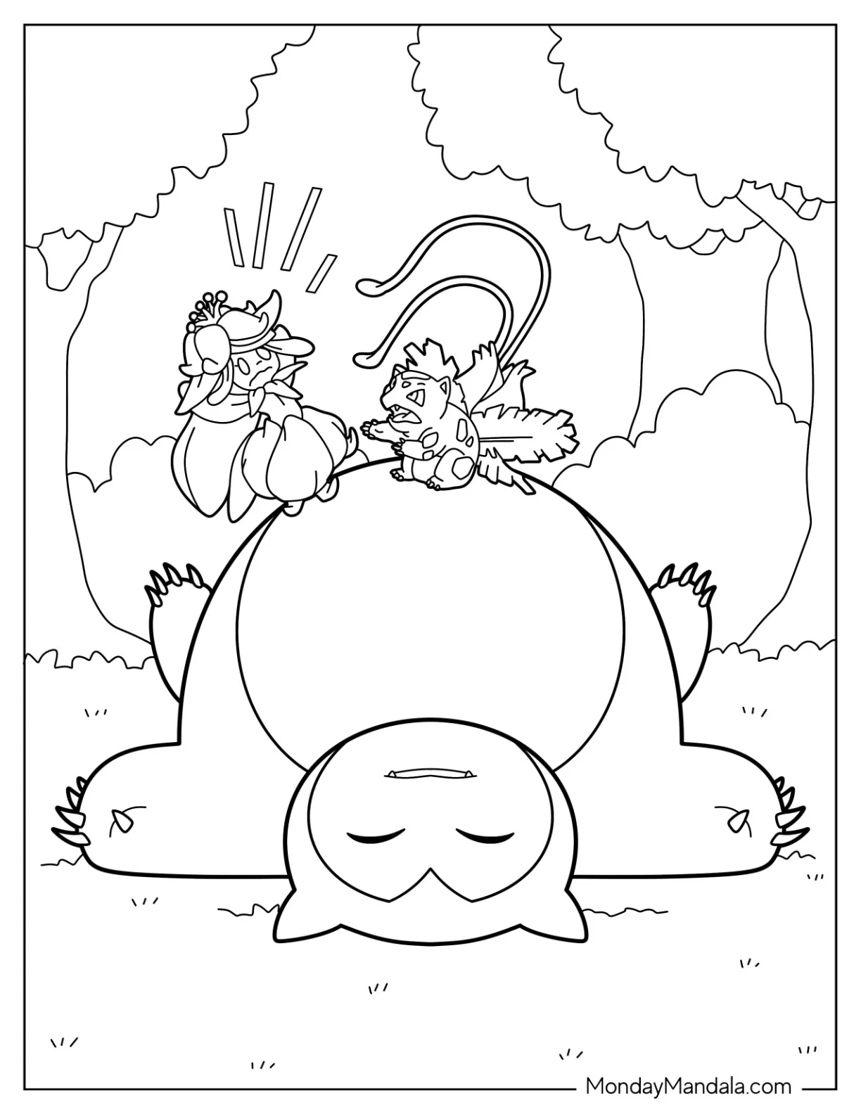 Squirtle And Lilligant Fighting On Stop Of Sleeping Snorlax Coloring Page coloring page