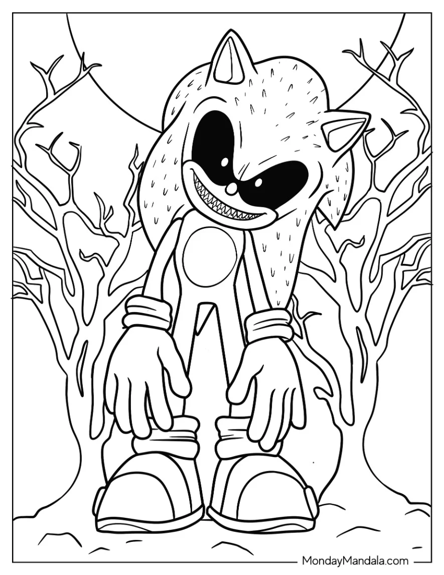 Creepy Sonic Exe Coloring Page With Dead Trees And Full Moon In Background coloring page