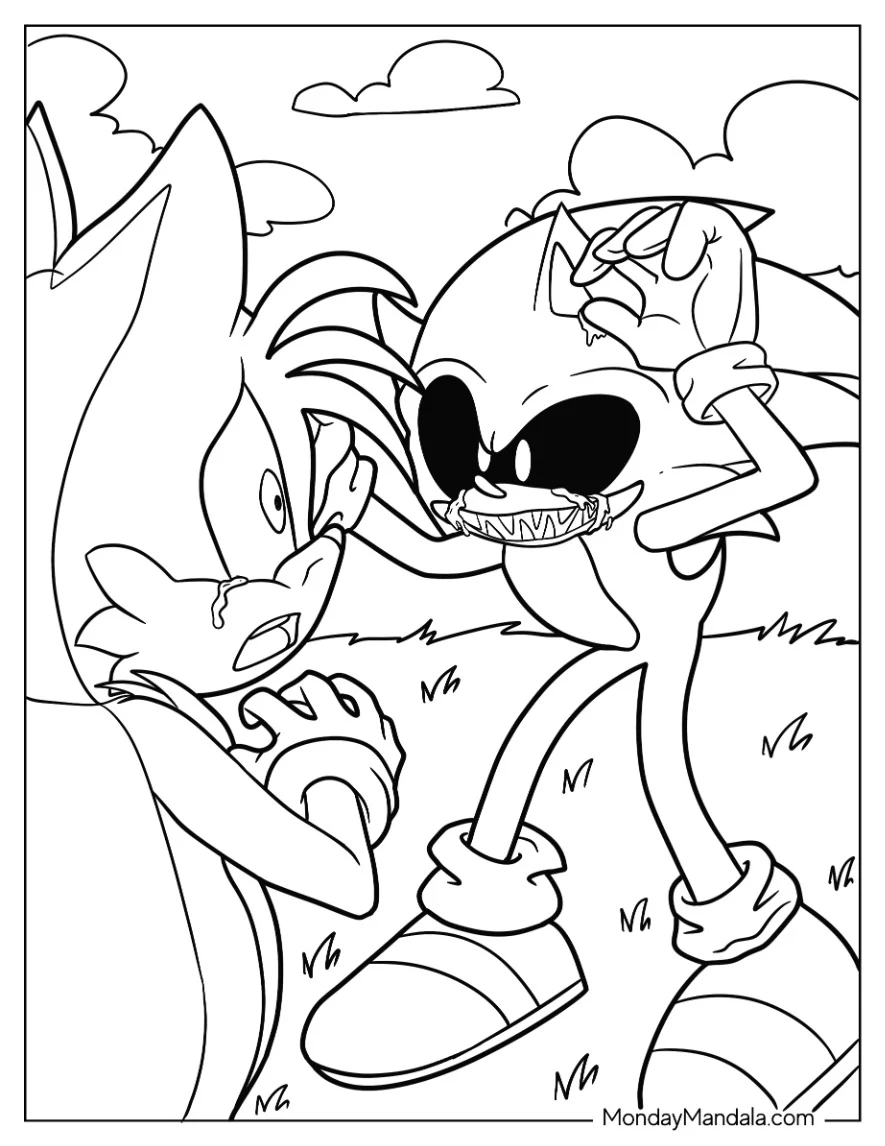 Scary Sonic Exe Coloring Page In Front Of Crying Tails coloring page