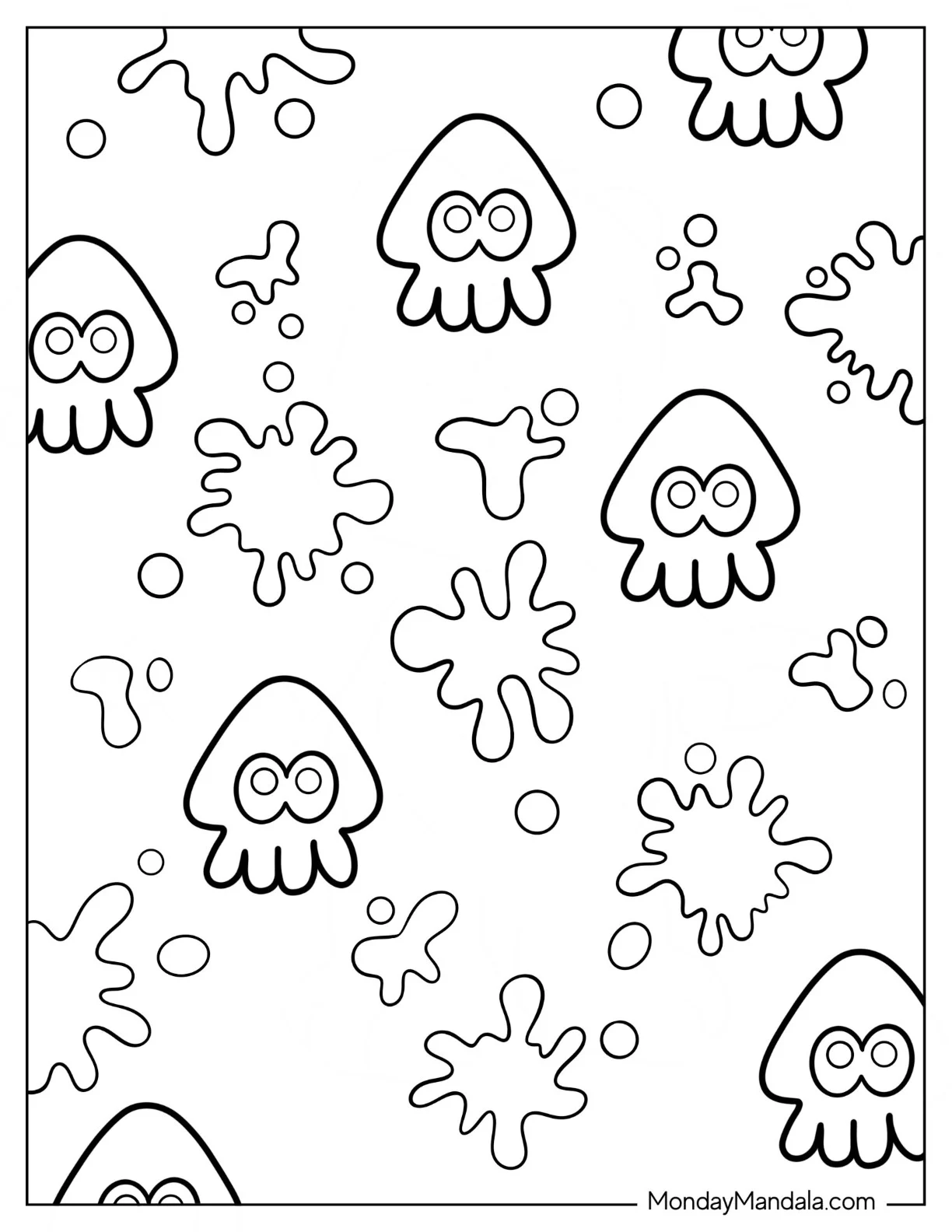 Chibi Splatoon Coloring Page Of Squid With Ink Splatter Poster coloring page