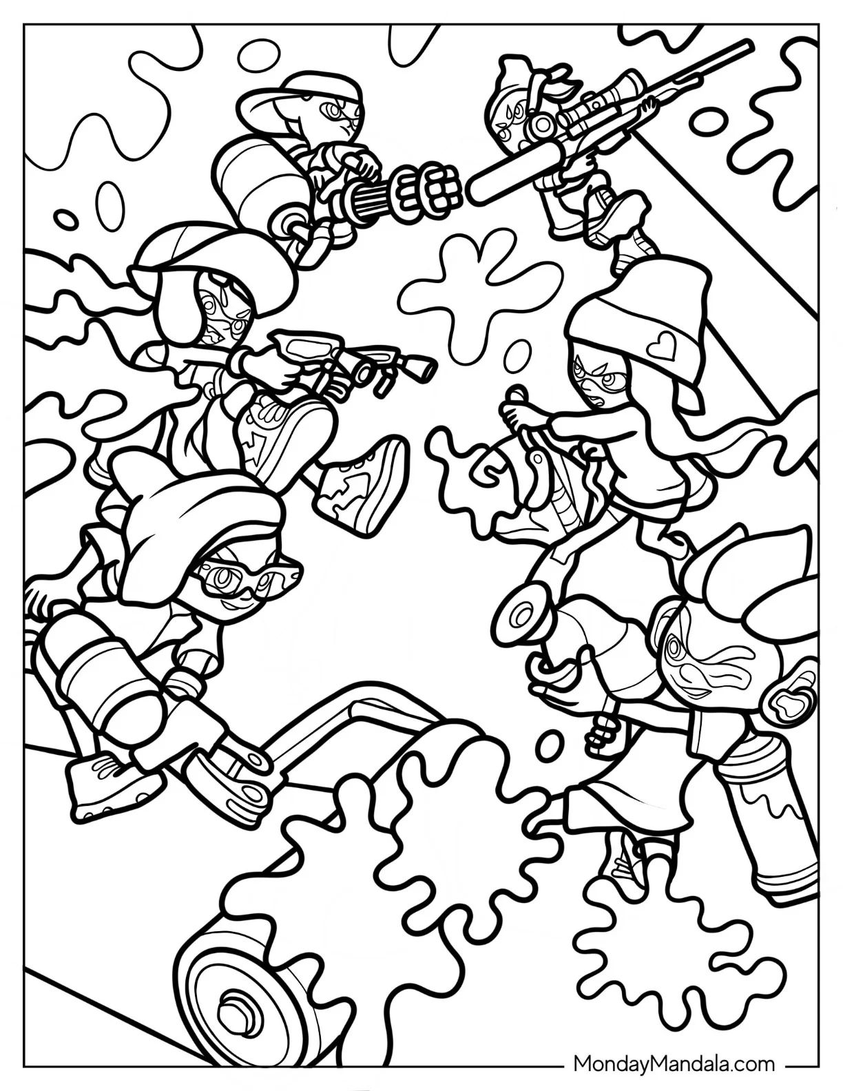 Detailed Splatoon Coloring Page Of Inklings Vs Octolings coloring page — printable line art