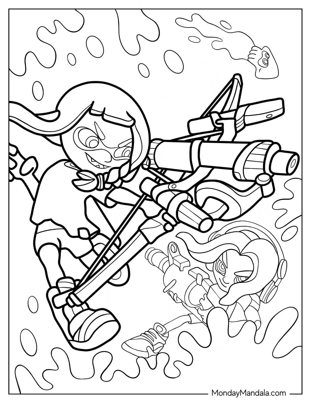 Splatoon Coloring Page Of Agent 3 Fighting Hiro Octoling For Kids coloring page