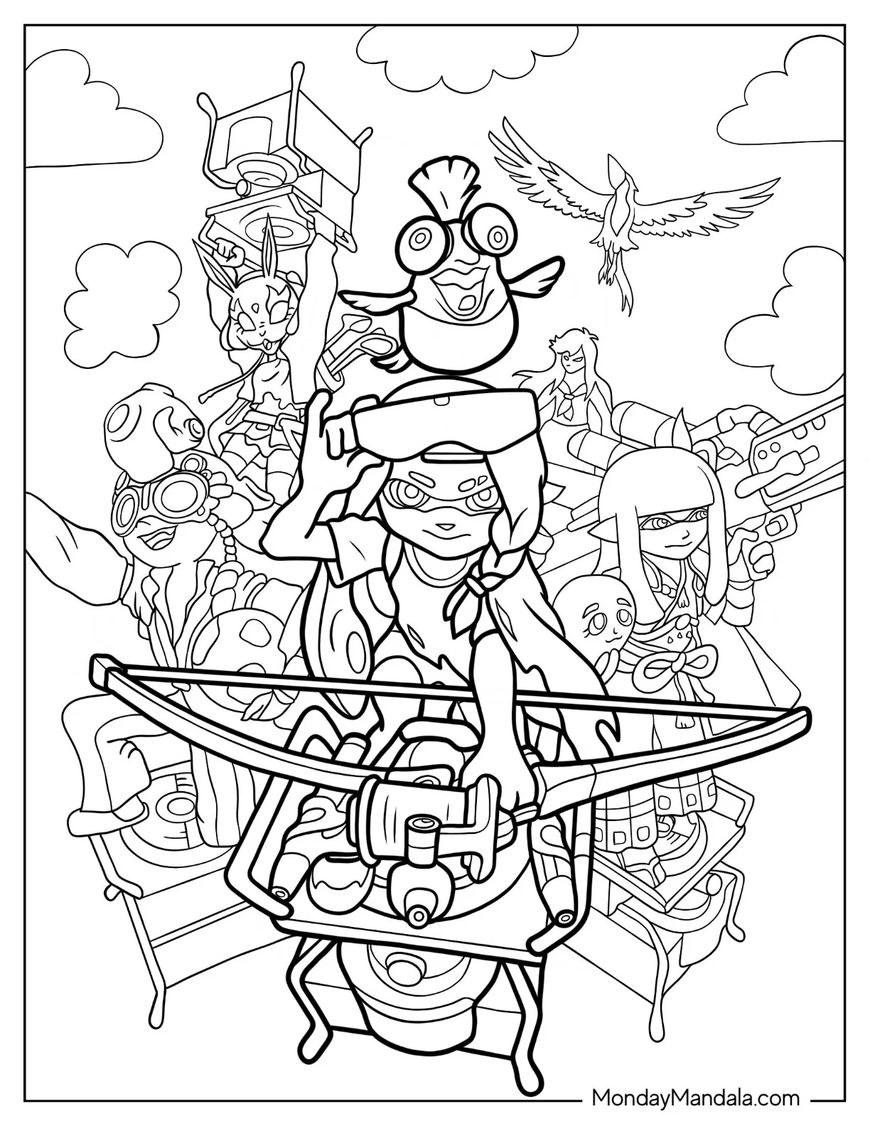 Splatoon Coloring Page Of Agent 3 With Crossbow And Squad coloring page