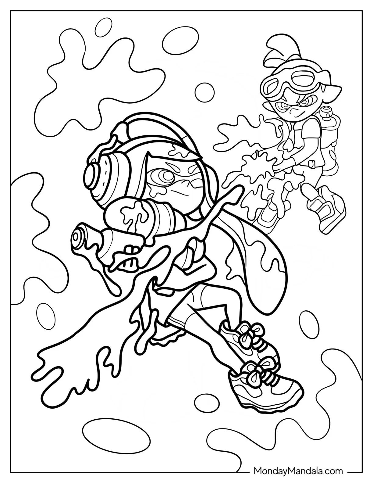 Splatoon Coloring Page Of Blue Inkling Boy Shooting Orange Inkling Girl coloring page