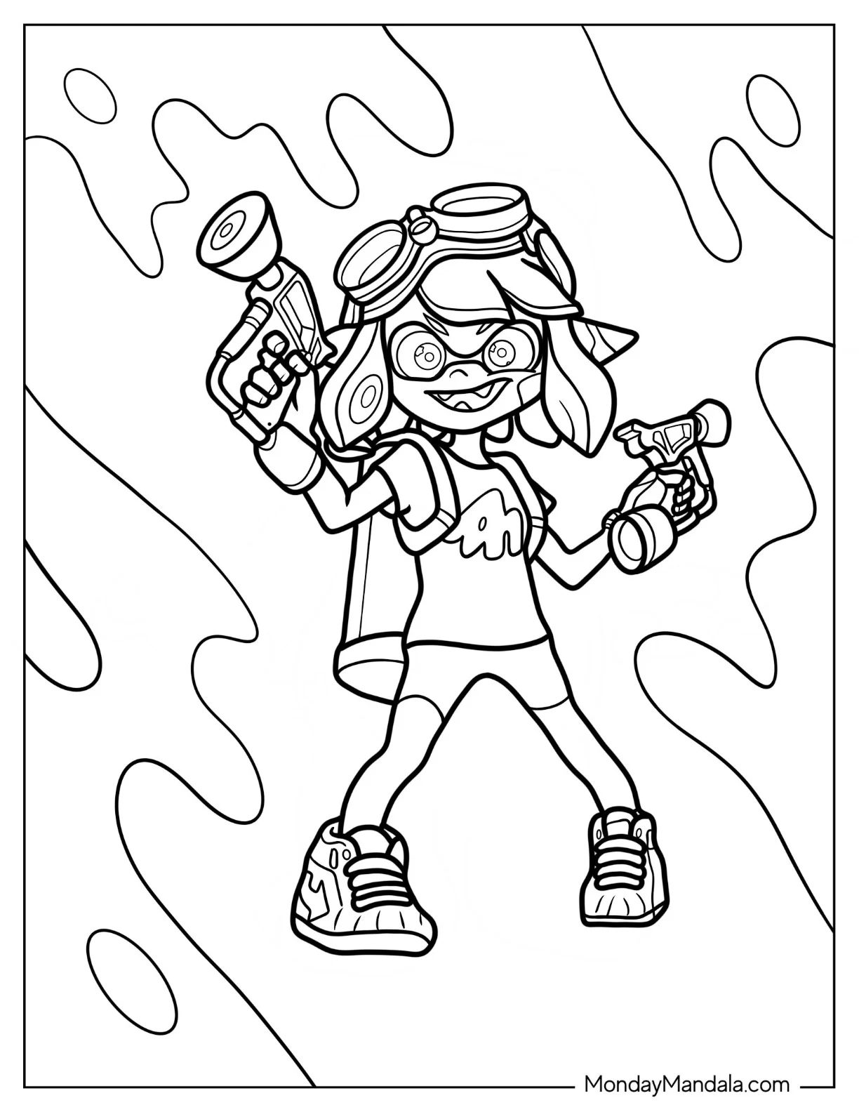 Splatoon Coloring Page Of Blue Inkling Holding Inkjet For Kids coloring page