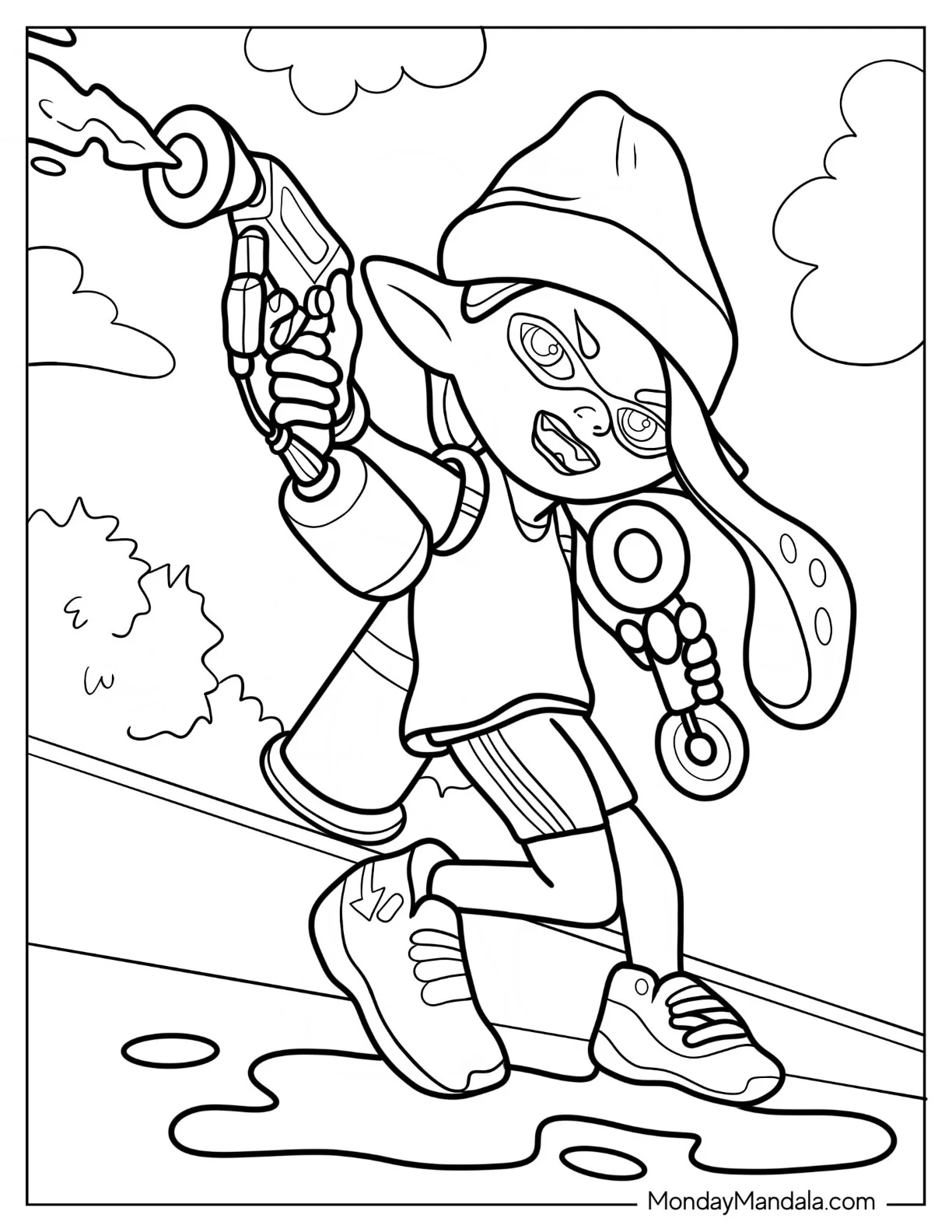 Splatoon Coloring Page Of Happy Pink Inkling Girl Shooting Inkjet coloring page