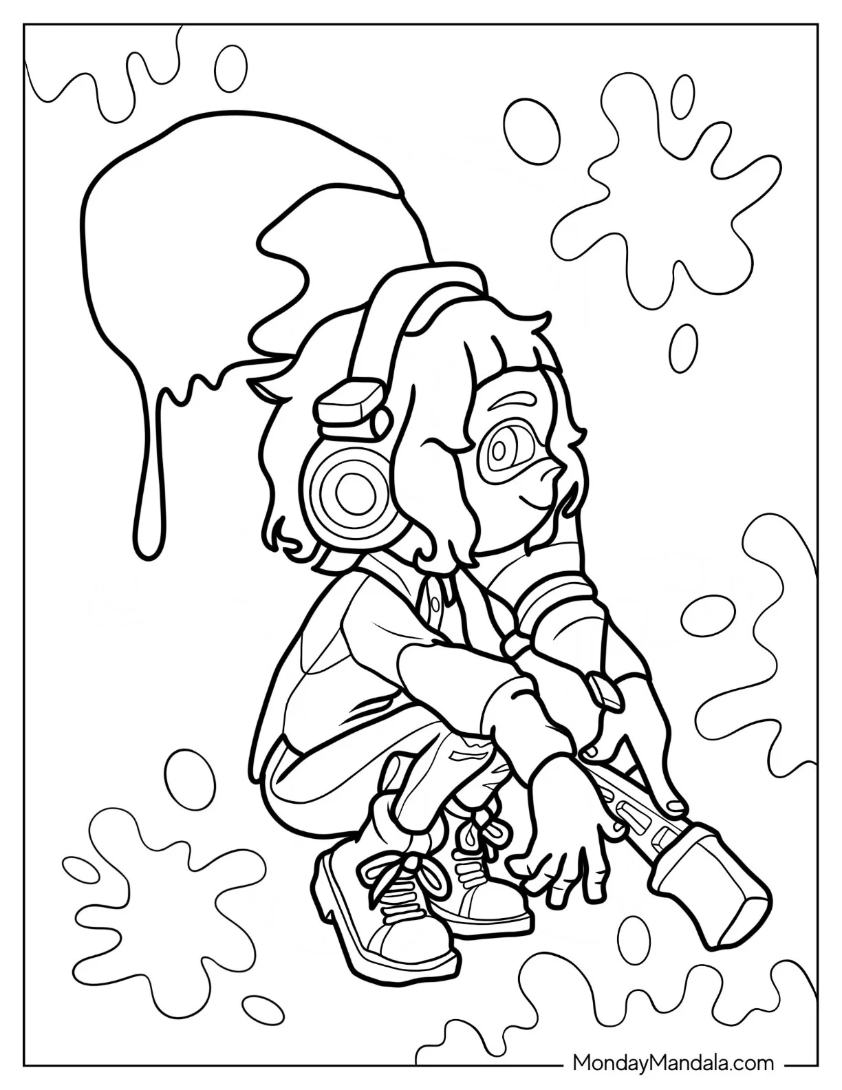 Splatoon Coloring Page Of Kawaii Inkling Girl Crouching While Holding Inkjet coloring page