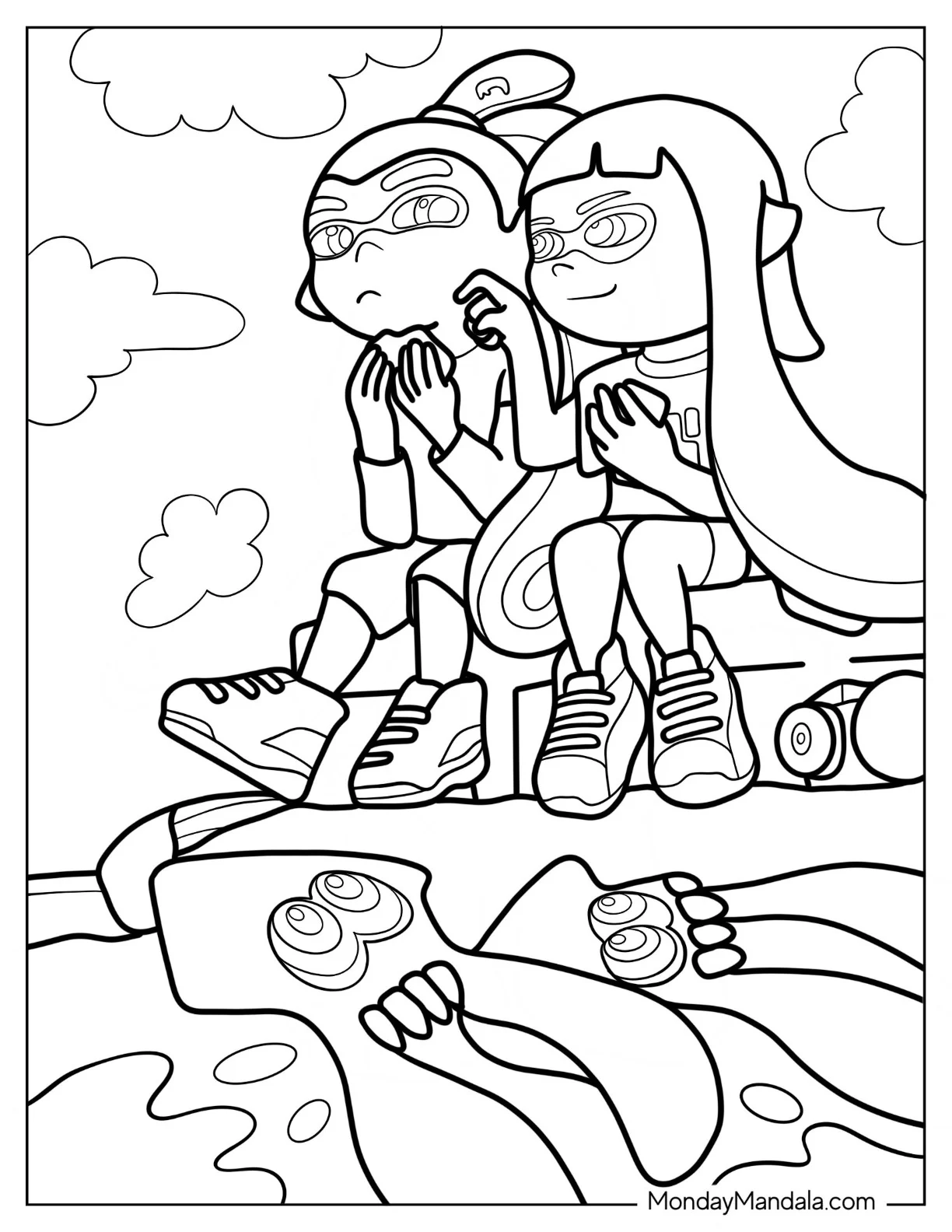 Splatoon Coloring Page Of Orange Inkling Boy Sitting Next To Blue Inkling Girl After Battle coloring page — printable line art