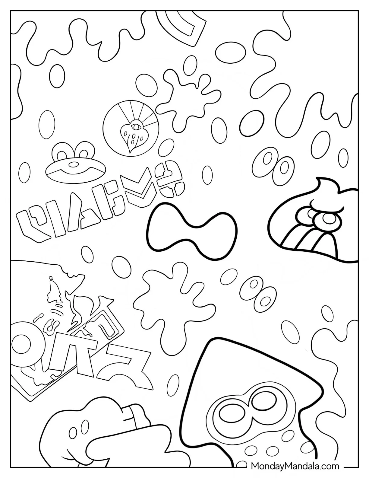 Splatoon Coloring Page Of Squid And Ink Splatter Poster coloring page — printable line art