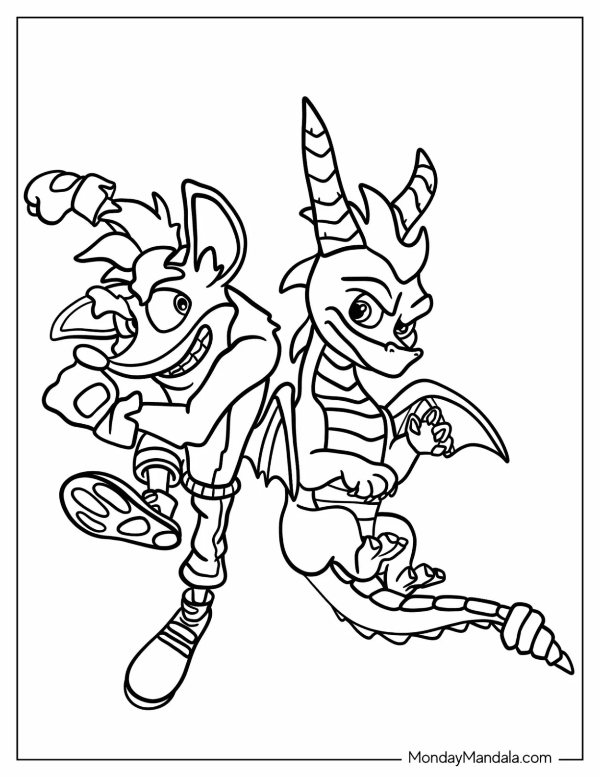 Cash Bandicoot Side By Side With Sypro Coloring Page coloring page — printable line art