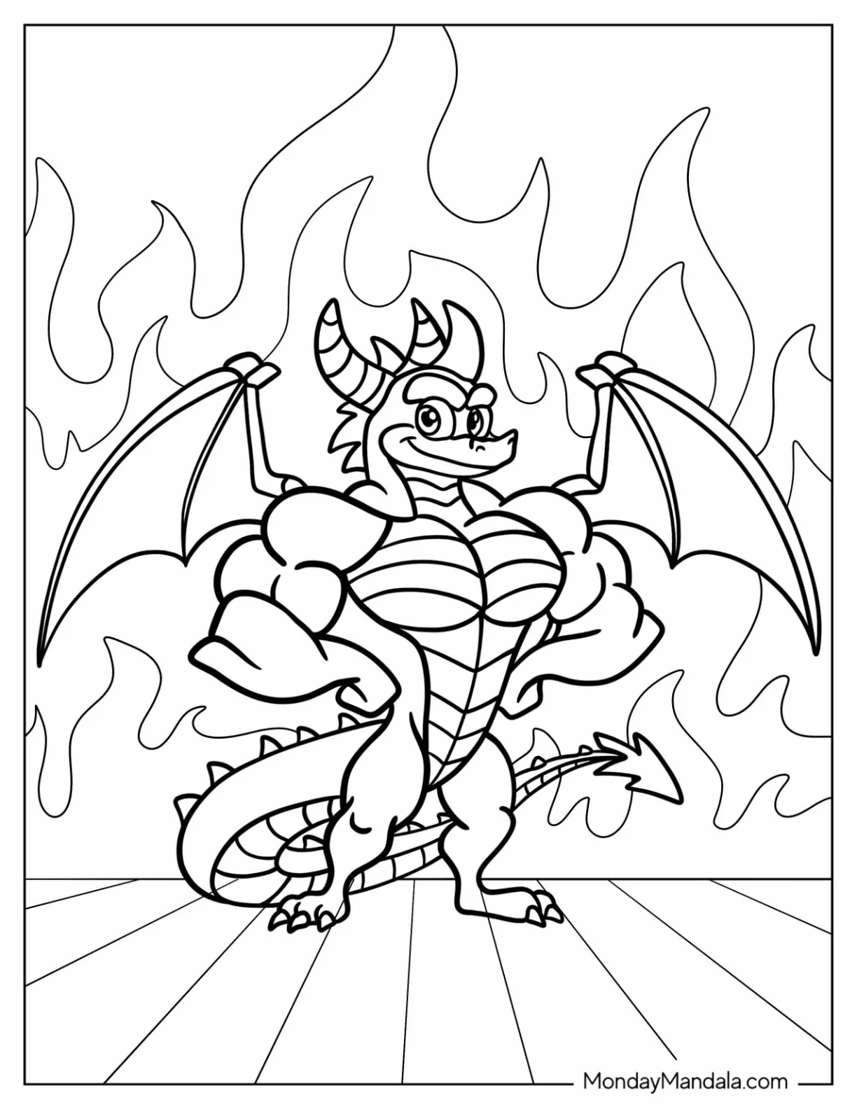 Muscular Sypro Coloring Page Standing In Front Of Flames coloring page — printable line art