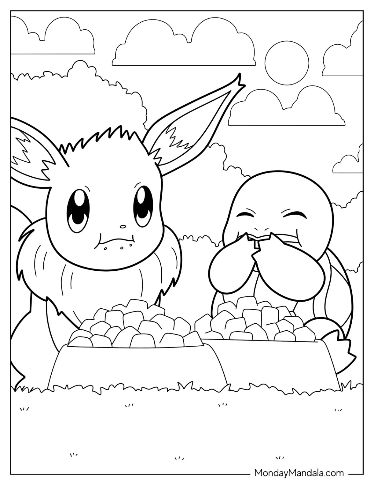 Eevee Eating With Squirtle Coloring Page coloring page — printable line art