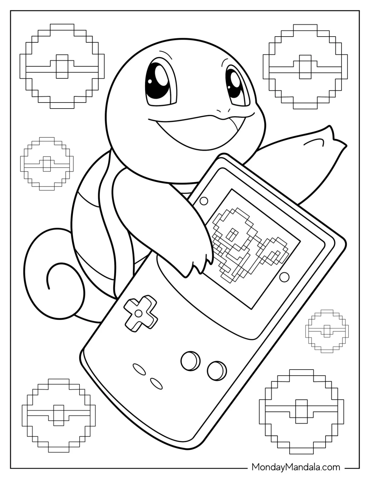Squirtle Coloring Page Holding Game Boy coloring page