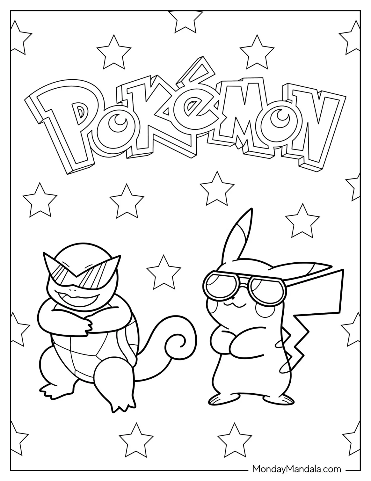 Squirtle Coloring Page With Pikachu Wearing Sunglasses coloring page — printable line art