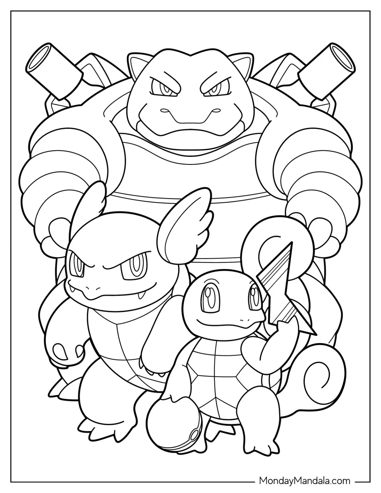 Squirtle  Coloring Page With Wartortle, And Blastoise Evolution coloring page