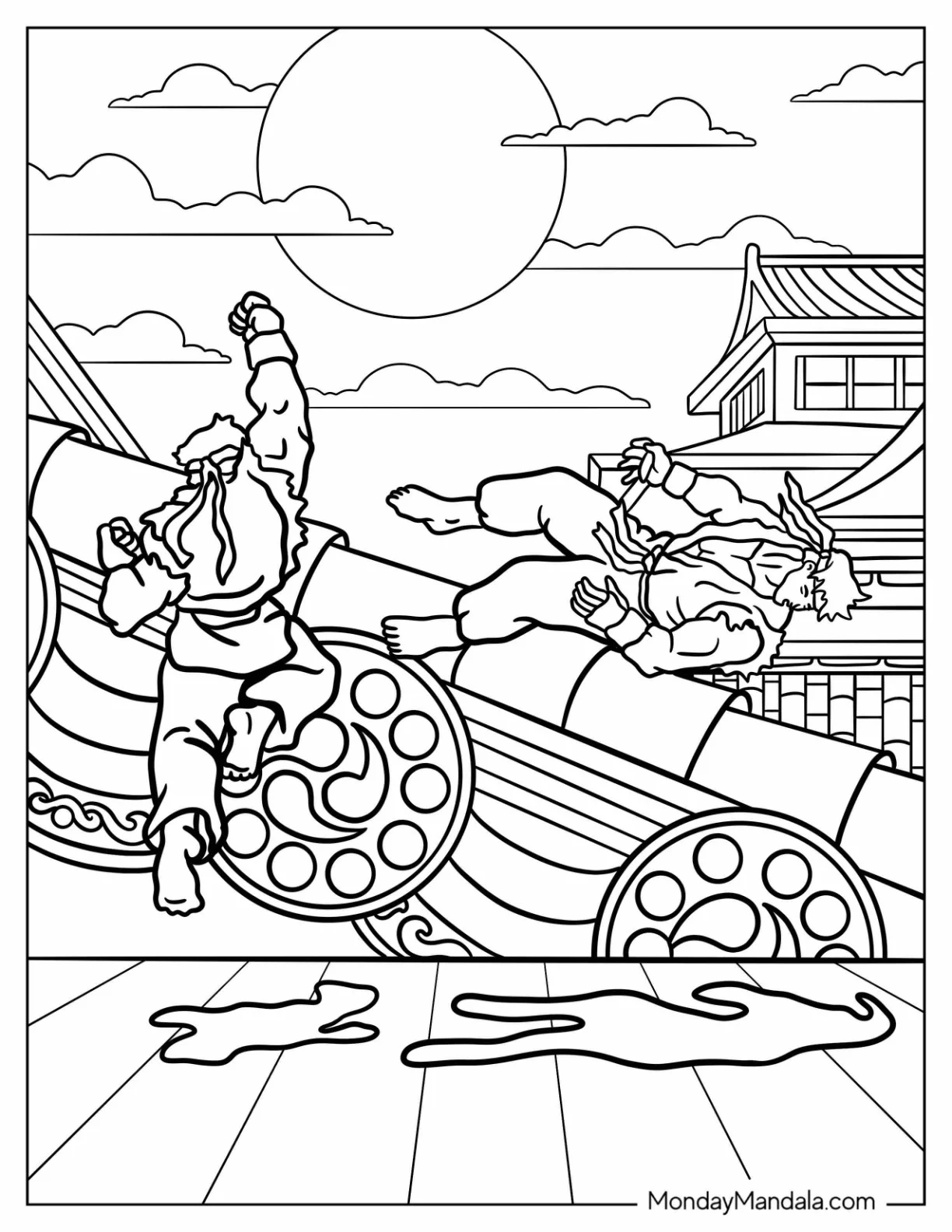 Street Fighter Coloring Page Of Ken Masters Knocking Out Ryu In Battle coloring page — printable line art