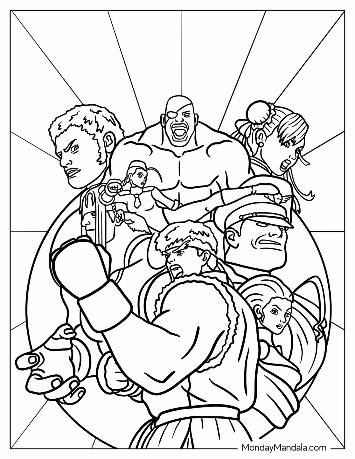 Street Fighter Coloring Page Of Ryu, Lucia, Chun Li, Urien, Rose, And M Bison coloring page