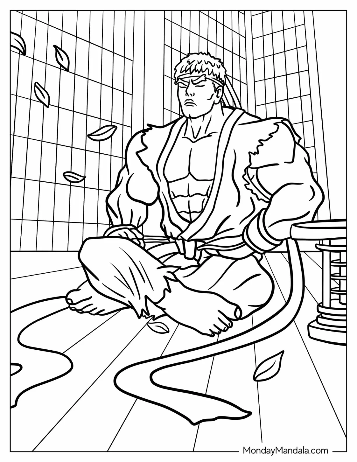 Street Fighter Coloring Page Of Ryu Meditating For Kids coloring page — printable line art