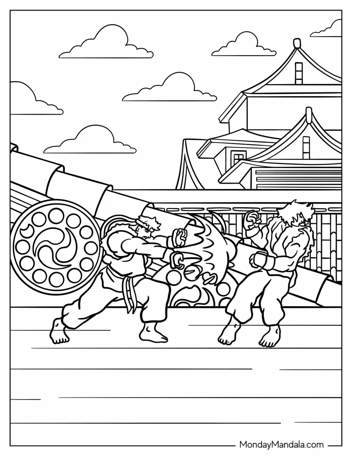 Street Fighter Coloring Page Of Ryu Punching Ken Masters For Kids coloring page