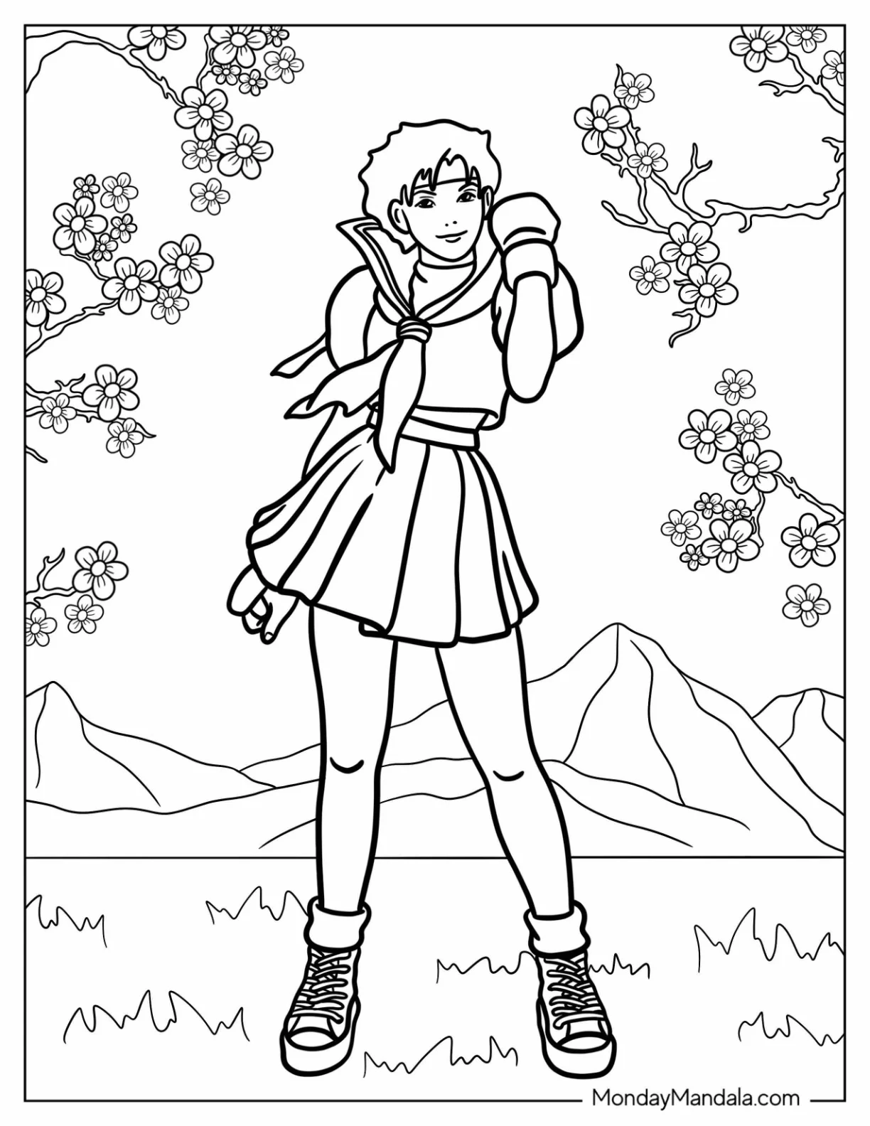 Street Fighter Coloring Page Of Sakura Kasugano Wearing Her Boxing Gloves coloring page
