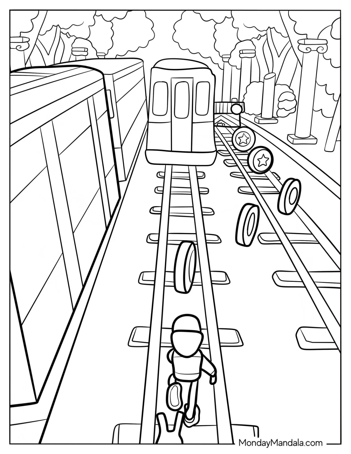 Subway Surfers Coloring Page Jake Chasing Gold Coins Behind A Subway coloring page