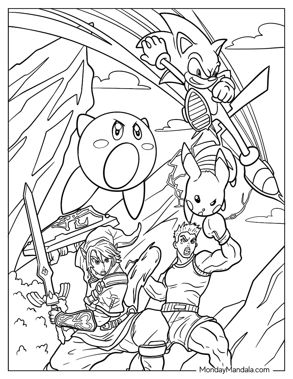 Kirby, Pikachu, Zelda, Sonic, And Little Mac Super Smash Bros Coloring Page coloring page