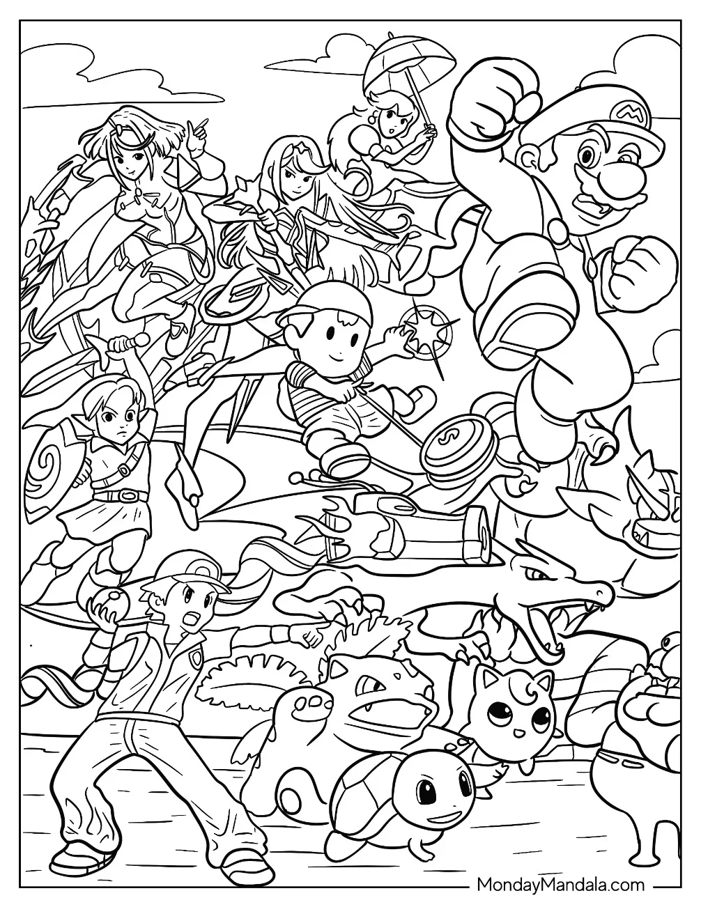 Mario, Zelda, Princess Peach, And Pokemon Super Smash Bros Coloring Page coloring page — printable line art