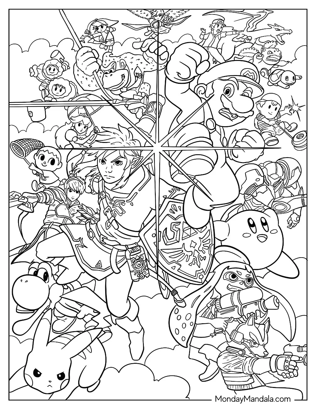 Super Smash Bros Coloring Page Of All Characters coloring page — printable line art