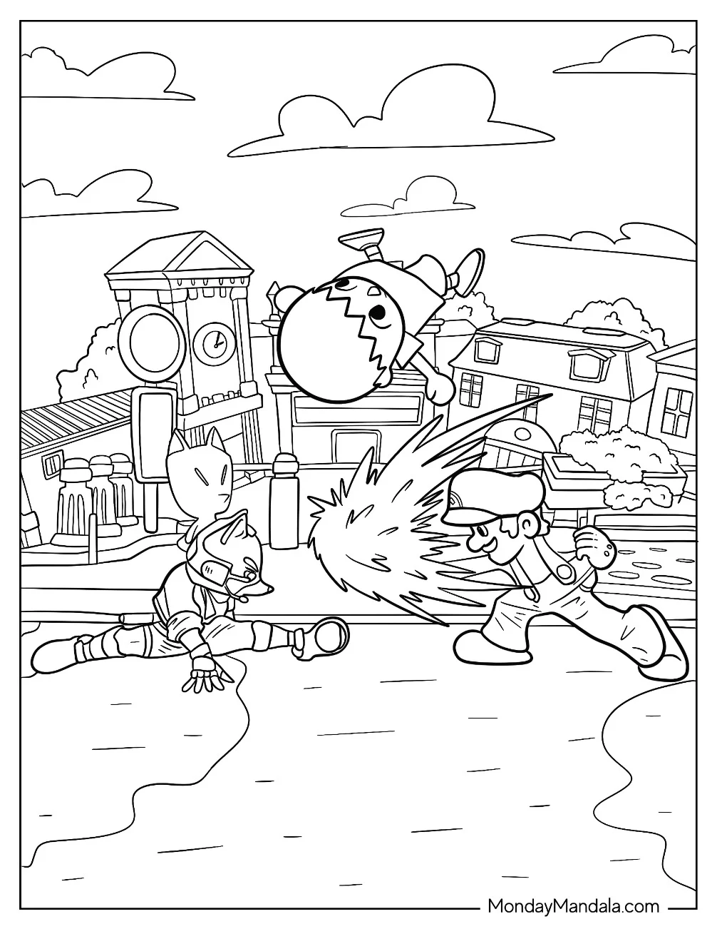 Super Smash Bros Coloring Page Of Animal Crossing Villager Leaping Over Mario And Star Fox coloring page