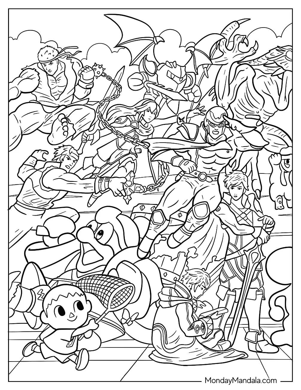Super Smash Bros Coloring Page Of Captain Falcon, Lucina, Villager, Richter, King Dedede coloring page — printable line art