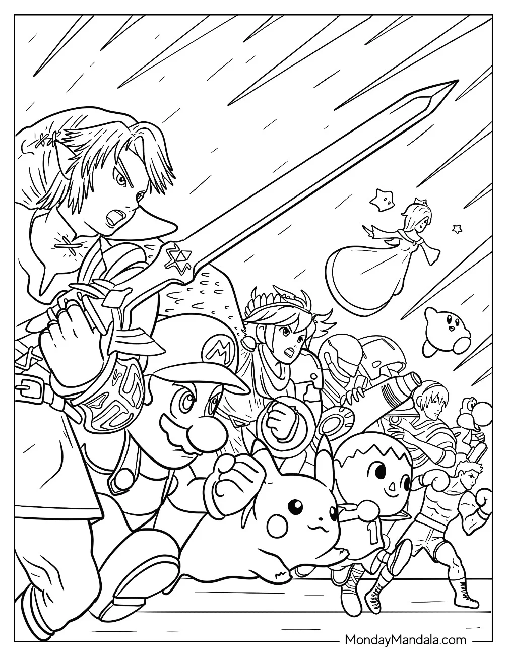 Super Smash Bros Coloring Page Of Characters Fighting For Kids coloring page