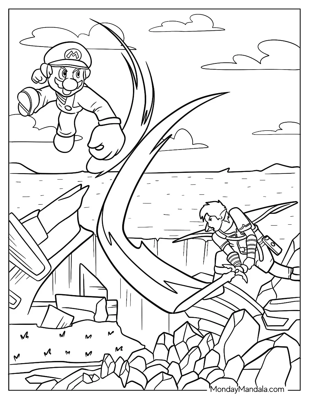 Super Smash Bros Coloring Page Of Mario Fighting Zelda coloring page