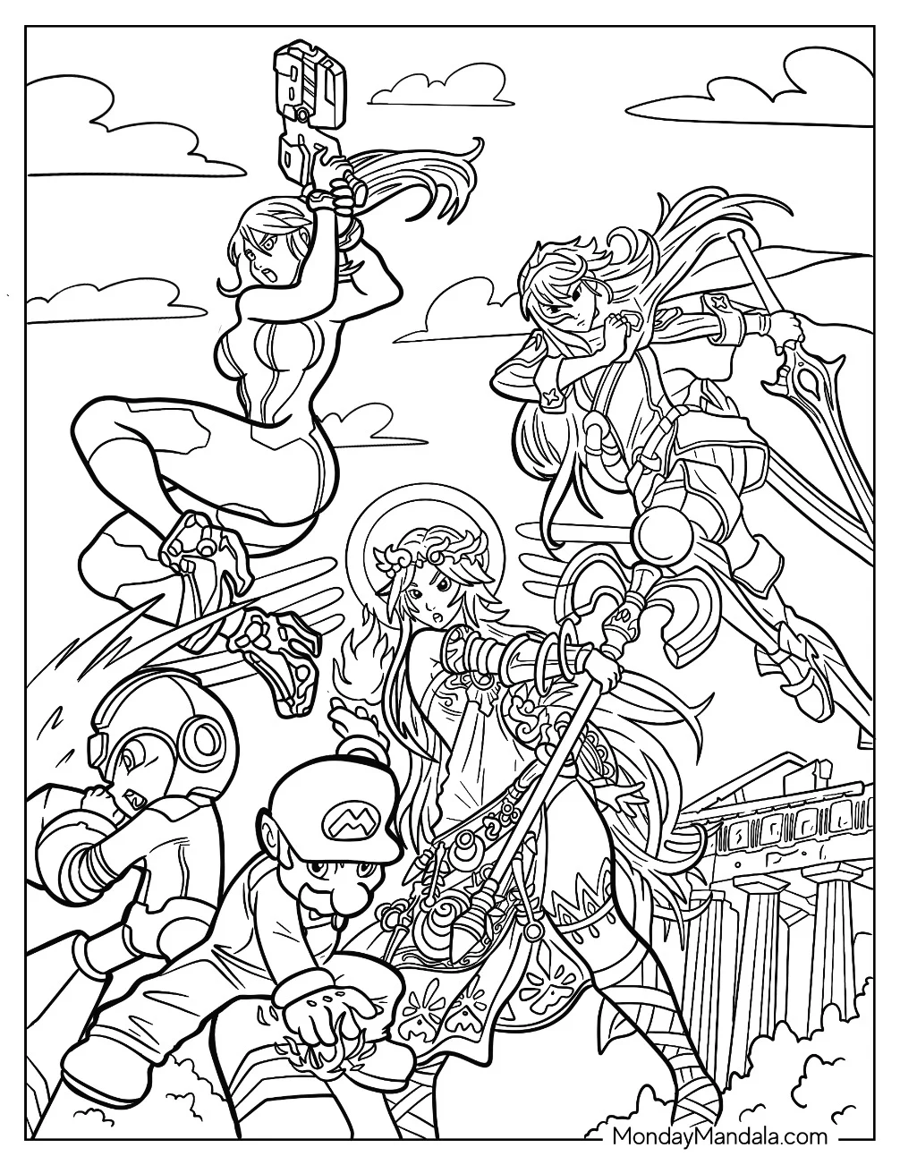 Super Smash Bros Coloring Page Of Mario, Mega Man, Palutena, Samus Aran, And Lucina coloring page