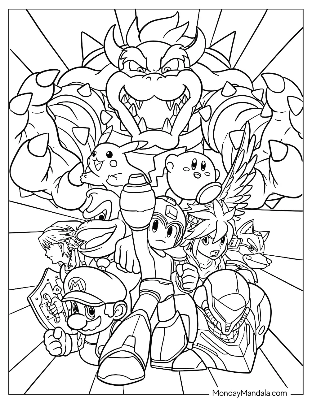 Super Smash Bros Coloring Page Of Mega Man, Dark Bowser, Zelda, Mario, Kid Icarus .Star Fox, Kirby, Donkey Kong, And Pikachu coloring page