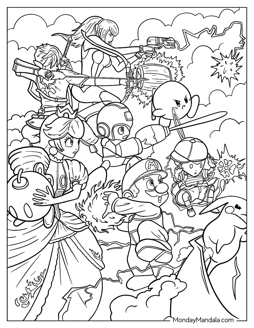 Super Smash Bros Coloring Page Of Princess Peach, Mega Man, Zelda, Samus, Mario, Kirby, Pikachu, And Ness coloring page