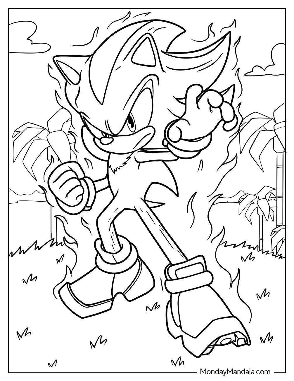 Super Sonic Coloring Page In Fighting Pose For Kids coloring page