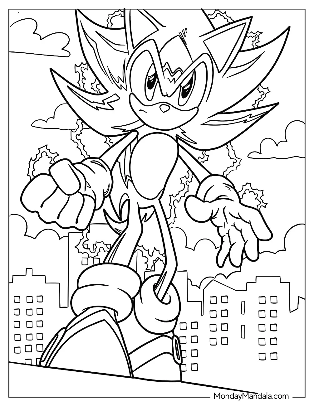 Super Sonic Coloring Page In Mid Air Surrounded By Electricity coloring page