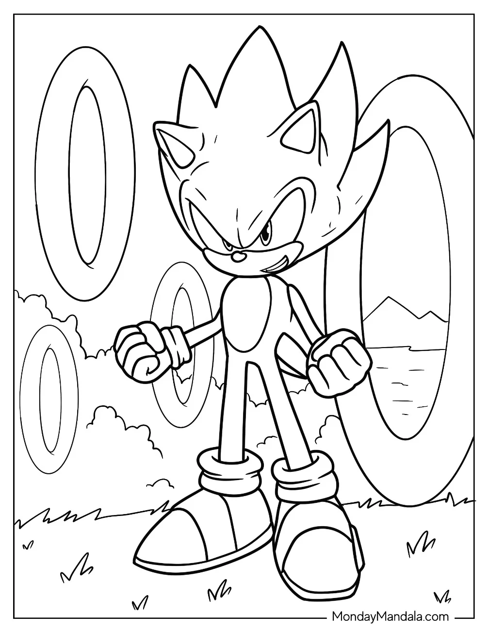 Super Sonic Coloring Page Power Up Surrounded By Rings coloring page